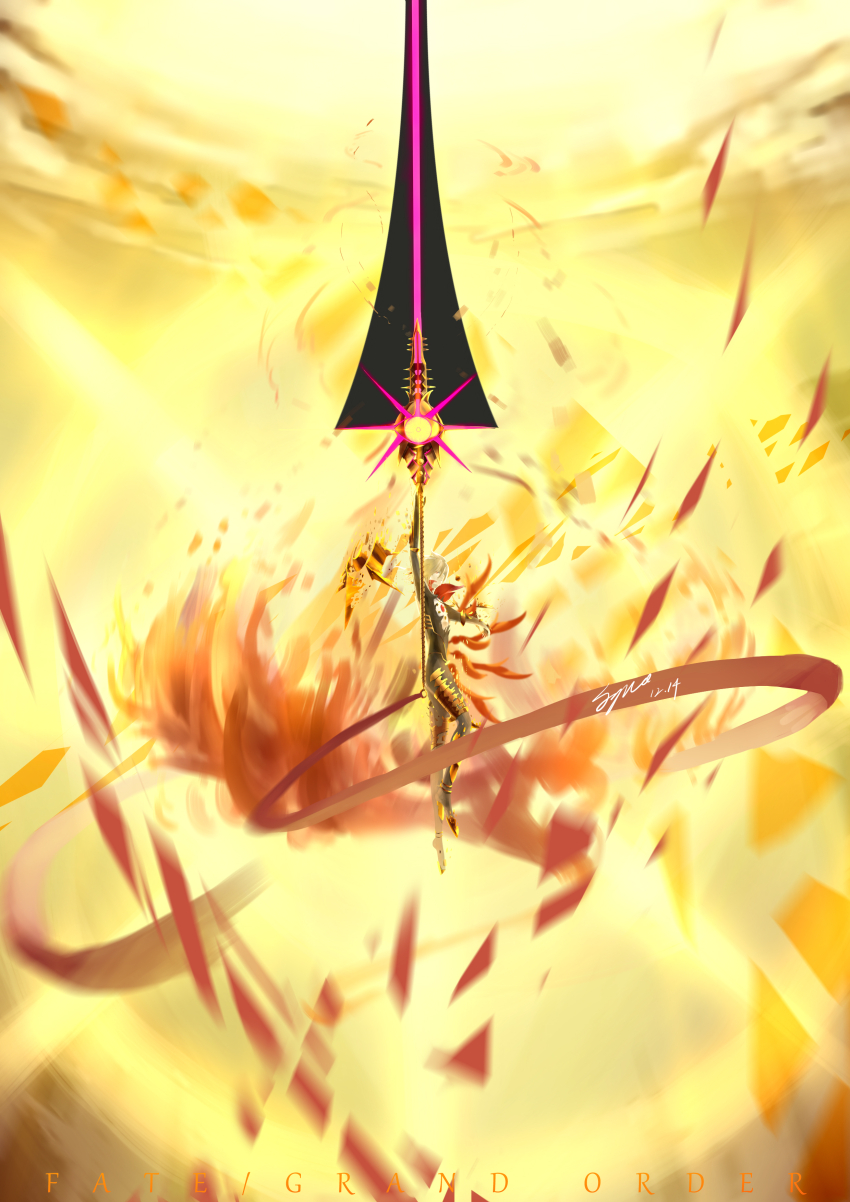 1boy absurdres cloud fate/grand_order fate_(series) fire highres karna_(fate) looking_to_the_side male_focus solo syue vasavi_shakti_(fate) white_hair