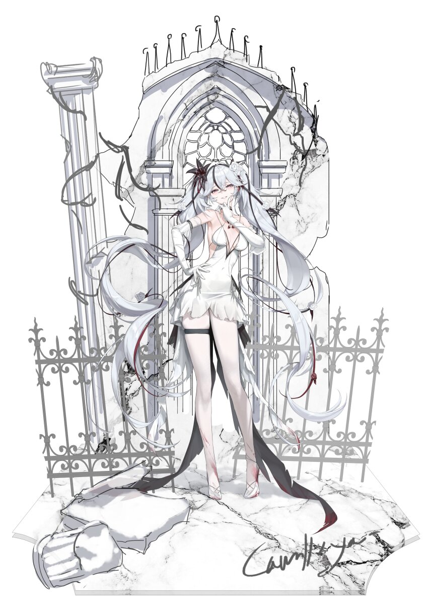 1girl absurdres alternate_costume bare_shoulders black_eyes black_flower breasts camellya_(wuthering_waves) commentary dress elbow_gloves english_commentary flower full_body gloves grey_pantyhose hair_between_eyes hair_flower hair_ornament hand_on_own_hip high_heels highres large_breasts long_hair looking_at_viewer pantyhose parted_lips red_pupils revision rose simple_background sketch smile solo twintails very_long_hair white_background white_dress white_flower white_gloves white_hair white_pantyhose white_rose wuthering_waves youngjoo_kjy