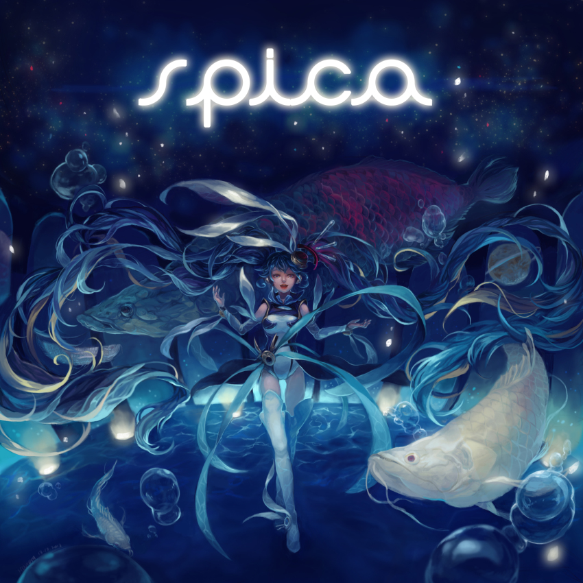1girl blue_eyes blue_hair boots bubble detached_sleeves fish hatsune_miku hatsune_miku_(orbit) highres long_hair meniusa meniusa_lau spica_(vocaloid) thigh_boots thighhighs twintails very_long_hair vocaloid