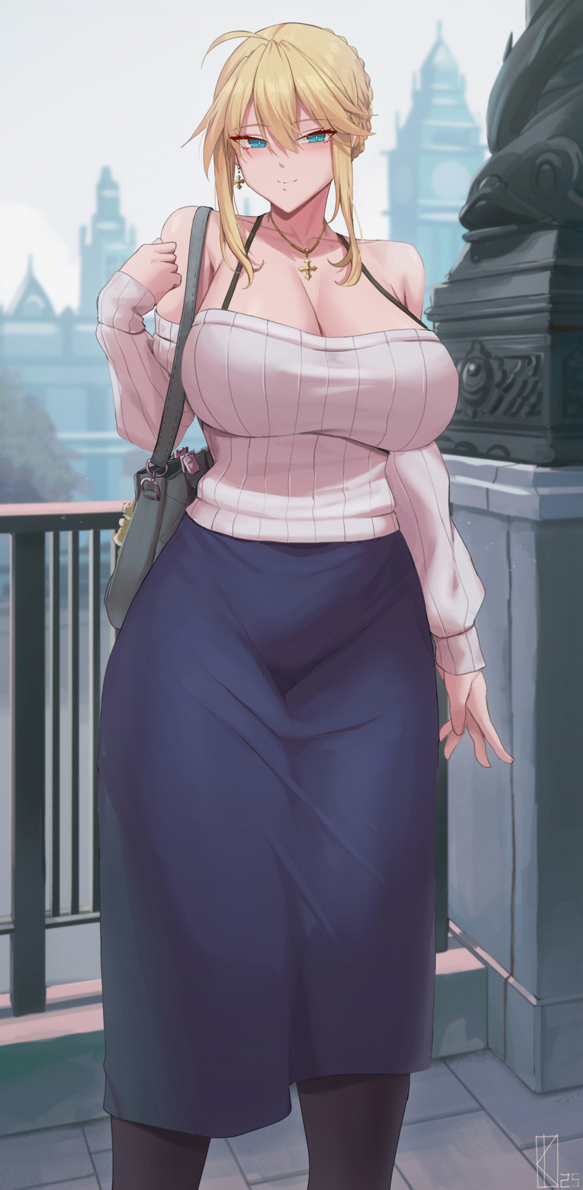 1girl absurdres ahoge alternate_costume artoria_pendragon_(fate) artoria_pendragon_(lancer)_(fate) bag bare_shoulders blonde_hair blue_skirt breasts cleavage collarbone commentary cross cross_earrings cross_necklace earrings english_commentary fate/grand_order fate_(series) green_eyes highres huge_breasts jewelry kakeku long_hair long_sleeves looking_at_viewer necklace off-shoulder_sweater off_shoulder outdoors paid_reward_available ribbed_sweater shoulder_bag sidelocks skirt smile solo standing sweater variant_set white_sweater wide_hips