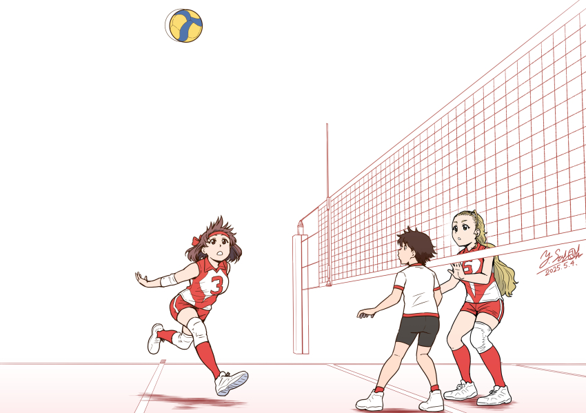 3girls artist_name ball bike_shorts black_shorts blonde_hair brown_eyes brown_hair commentary dated elbow_pads girls_und_panzer gym_shirt gym_uniform hair_pulled_back hairband headband highres isobe_noriko knee_pads kondou_taeko long_hair medium_hair multiple_girls ponytail red_headband red_shirt red_shorts red_socks running sasaki_akebi satou_yasu shirt shoes short_hair short_shorts short_sleeves shorts signature single_vertical_stripe sleeveless sleeveless_shirt sneakers socks sportswear standing t-shirt volleyball volleyball_(object) volleyball_net volleyball_uniform white_hairband white_shirt white_shoes