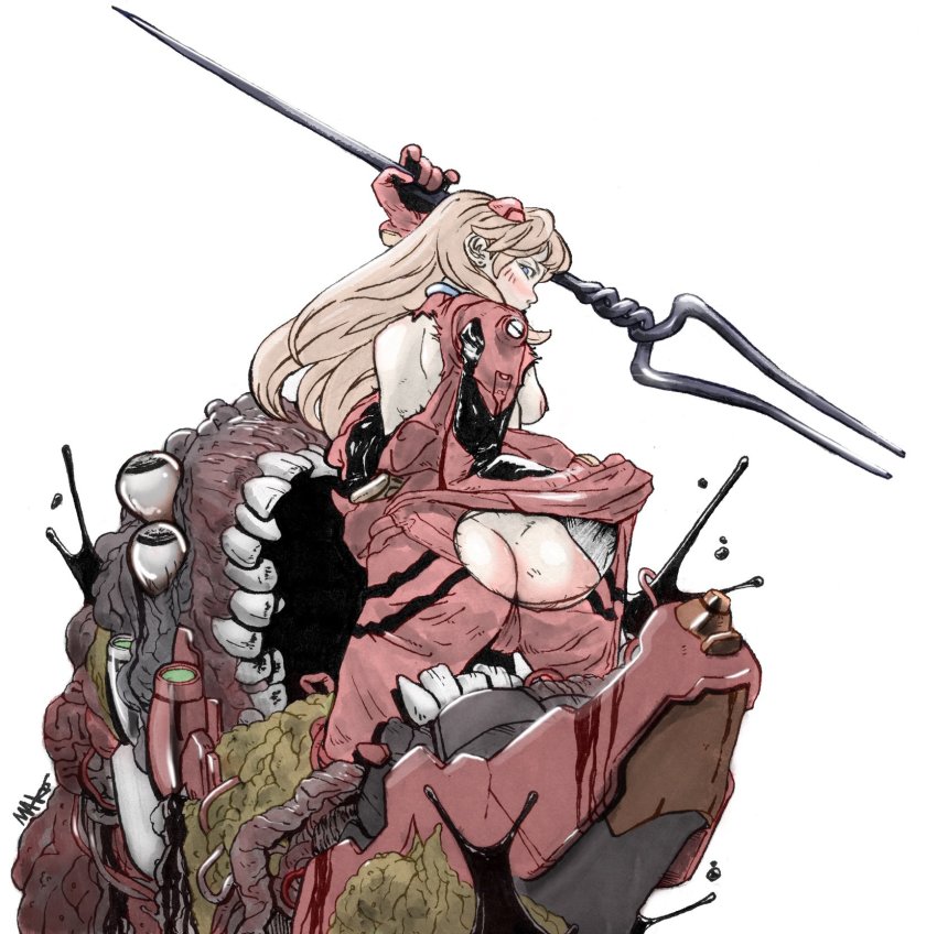 1girl angry ass blue_eyes bodysuit breasts brown_hair cameltoe corpse eva_02 hair_ornament highres holding holding_weapon interface_headset_(evangelion) lance_of_longinus_(evangelion) long_hair looking_at_viewer looking_back mako_vice mecha_pilot_suit medium_breasts neon_genesis_evangelion nipples plugsuit_(evangelion) polearm shiny_clothes simple_background solo souryuu_asuka_langley torn_clothes very_long_hair weapon white_background