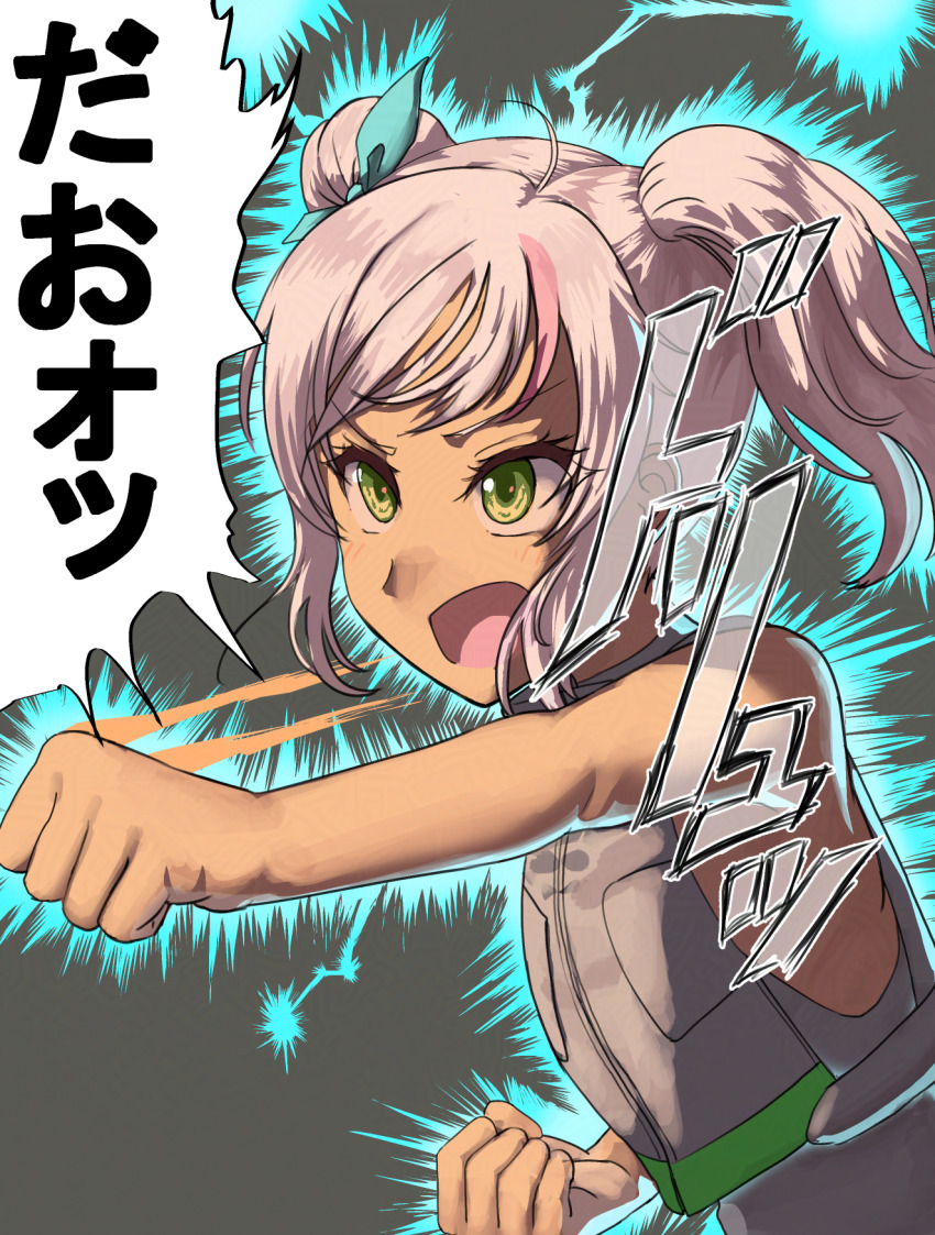 1girl ahoge comandante_cappellini_(kancolle) dark-skinned_female dark_skin grey_wetsuit highres kantai_collection long_hair mrdotd multicolored_hair open_mouth pink_hair solo speech_bubble streaked_hair translation_request twintails