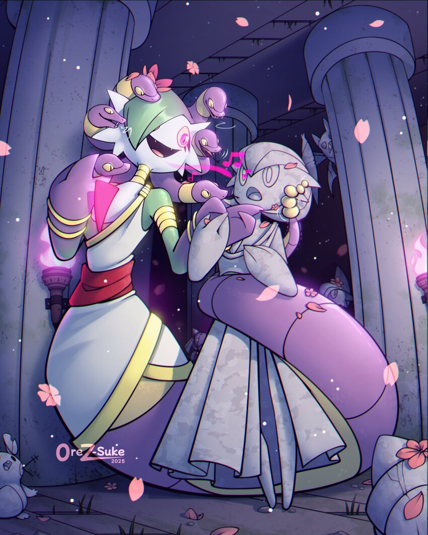 absurdres artist_name colored_skin commission crobat dedenne ekans fangs gallade gardevoir gen_1_pokemon gen_2_pokemon gen_3_pokemon gen_4_pokemon gen_6_pokemon glowing glowing_eyes green_hair green_skin hair_over_one_eye highres multicolored_skin nintendo open_mouth orez-suke petals petrification pillar pink_petals pokemon pokemon_(creature) pokemon_infinite_fusion smile snake_hair torch two-tone_skin white_skin