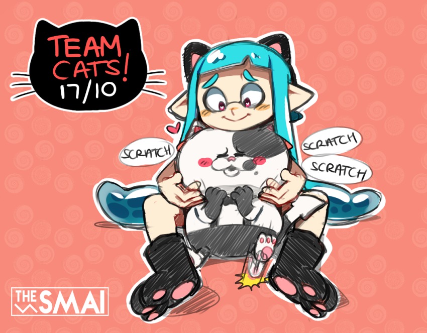 1girl animal_ears artist_name bad_id bad_tumblr_id blue_hair blush_stickers cat cat_ears english_text hand_on_another&#039;s_chin heart heart-shaped_pupils inkling inkling_girl inkling_player_character judd_(splatoon) nintendo pink_eyes pointy_ears sami_(artist) sami_briggs scratching_chin smile splatoon_(series) splatoon_1 stroking_another&#039;s_chin symbol-shaped_pupils tentacle_hair thick_eyebrows