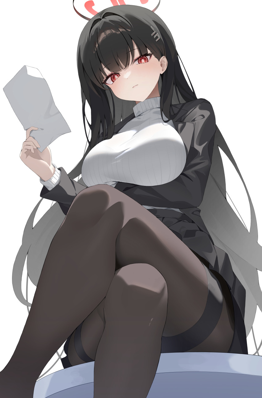 1girl absurdres black_hair black_jacket black_skirt blazer blue_archive blunt_bangs blush breasts bright_pupils commentary crossed_legs feet_out_of_frame from_below halo highres holding holding_paper jacket k_cyp korean_commentary large_breasts long_hair long_sleeves looking_at_viewer miniskirt pantyhose paper red_eyes ribbed_sweater ringed_eyes rio_(blue_archive) simple_background sitting skirt solo straight_hair sweater thighband_pantyhose turtleneck turtleneck_sweater very_long_hair white_background white_pupils white_sweater