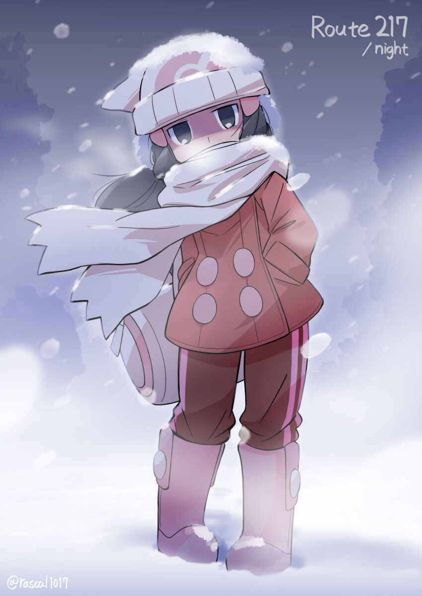 1girl bag beanie black_eyes black_hair boots buttons coat commentary covered_mouth dawn_(pokemon) duffel_bag earmuffs english_text floating_scarf full_body hair_ornament hands_in_pockets hat highres in-universe_location large_buttons leaning_to_the_side long_hair looking_at_viewer nintendo outdoors pants pink_boots poke_ball_print pokemon pokemon_dppt pokemon_platinum print_headwear rascal_(feuille) red_coat red_pants scarf scarf_over_mouth snow snow_on_head snow_on_headwear snowing solo standing white_bag white_hat white_scarf wind winter winter_clothes winter_coat
