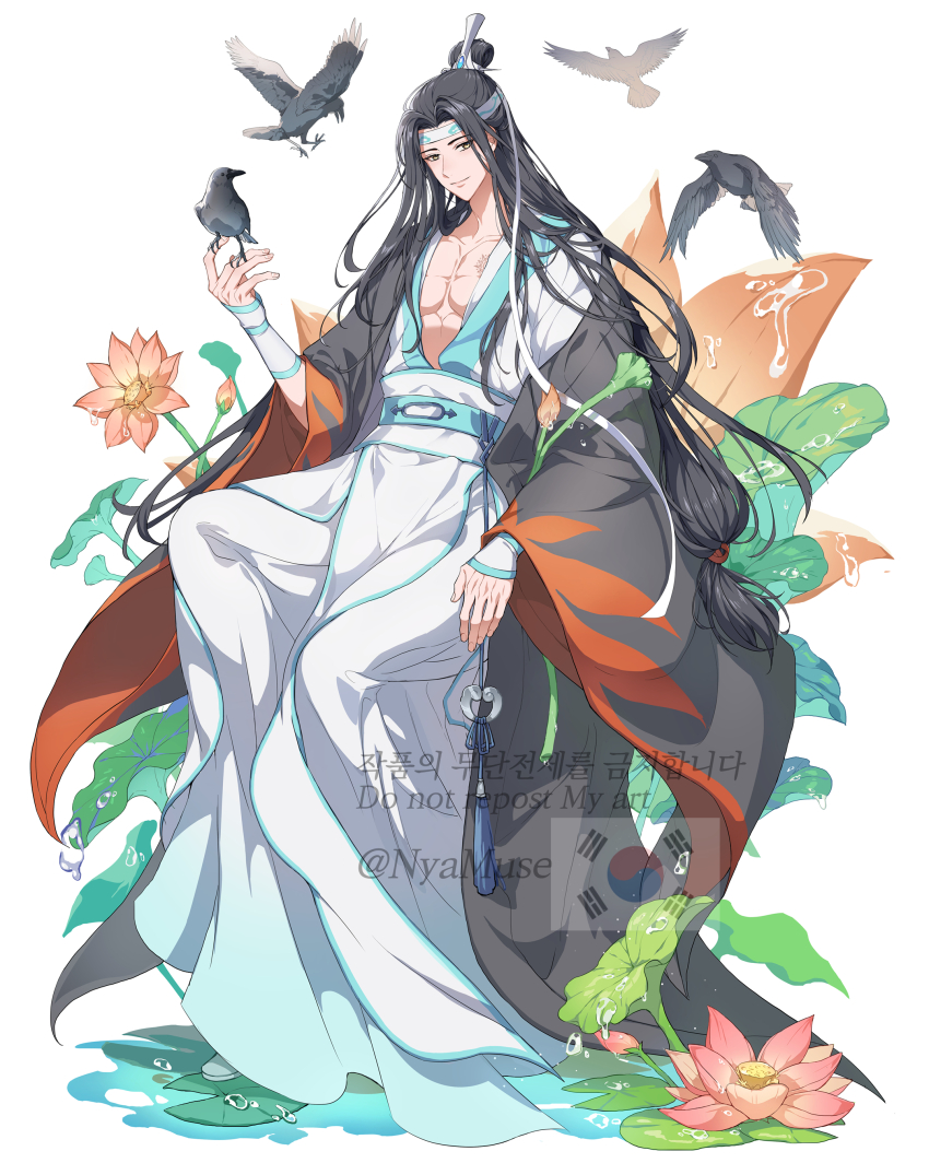 1boy absurdres artist_name bird bird_on_hand bishounen black_hair black_robe brown_eyes bud chinese_clothes closed_mouth collarbone commentary_request flower full_body hair_bun hair_ornament hair_ribbon hand_up headband highres lan_wangji lily_pad long_hair long_sleeves looking_at_viewer lotus lotus_leaf male_focus modao_zushi muse_(rainforest) open_clothes open_robe parted_bangs pectorals pink_flower ribbon robe sash sidelocks simple_background single_hair_bun smile solo south_korean_flag tassel twitter_username very_long_hair water water_drop water_lily_flower watermark white_background white_headband white_ribbon white_robe white_sash wide_sleeves xiao_guan_(headdress)