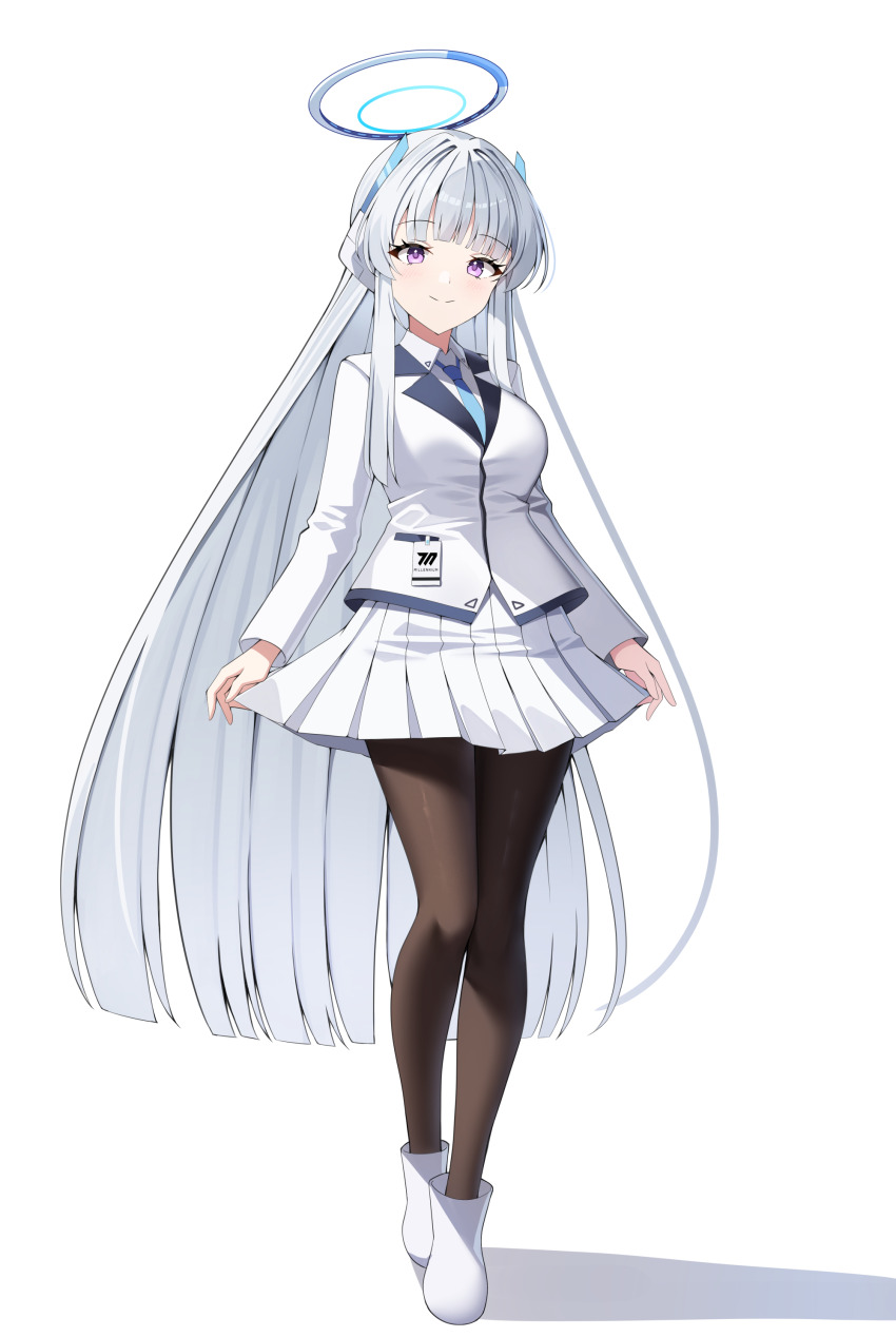 1girl absurdres blue_archive brown_pantyhose closed_mouth commentary full_body grey_hair halo highres jacket long_hair looking_at_viewer mechanical_halo noa_(blue_archive) pantyhose pleated_skirt purple_eyes shoes simple_background skirt smile sob_(submar1089) solo very_long_hair white_background white_halo white_jacket white_shoes white_skirt