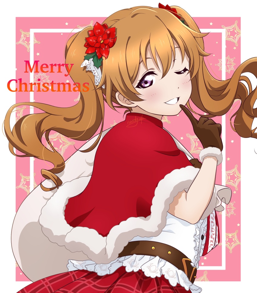 1girl alternate_hairstyle belt blush brown_gloves brown_hair capelet commentary english_commentary flower fur-trimmed_capelet fur_trim gloves hair_flower hair_ornament highres holding holding_sack konoe_kanata long_hair looking_at_viewer love_live! love_live!_nijigasaki_high_school_idol_club merry_christmas multicolored_background neo_(neosky24) one_eye_closed purple_eyes red_background red_capelet red_flower red_skirt sack shirt signature skirt smile star_(symbol) twintails white_background white_shirt