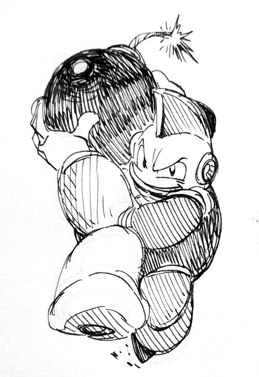 1boy android bomb bomb_man commentary explosive full_body greyscale grin highres holding holding_bomb lit_fuse looking_at_viewer male_focus mega_man_(classic) mega_man_(series) mega_man_1 mohawk monochrome simple_background sketch smile solo takenokonoko traditional_media v-shaped_eyebrows white_background