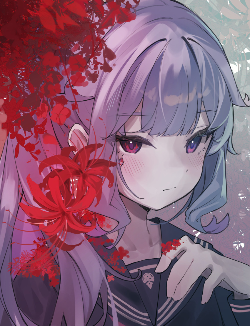 1girl absurdres blue_serafuku collarbone commentary cosplay flower highres hololive hololive_english koseki_bijou long_hair looking_at_viewer pale_skin ponytail purple_eyes purple_hair red_ribbon ribbon ricke_2002 school_uniform serafuku shimizu_hinako shimizu_hinako_(cosplay) silent_hill_(series) silent_hill_f simple_background spider_lily very_long_hair virtual_youtuber