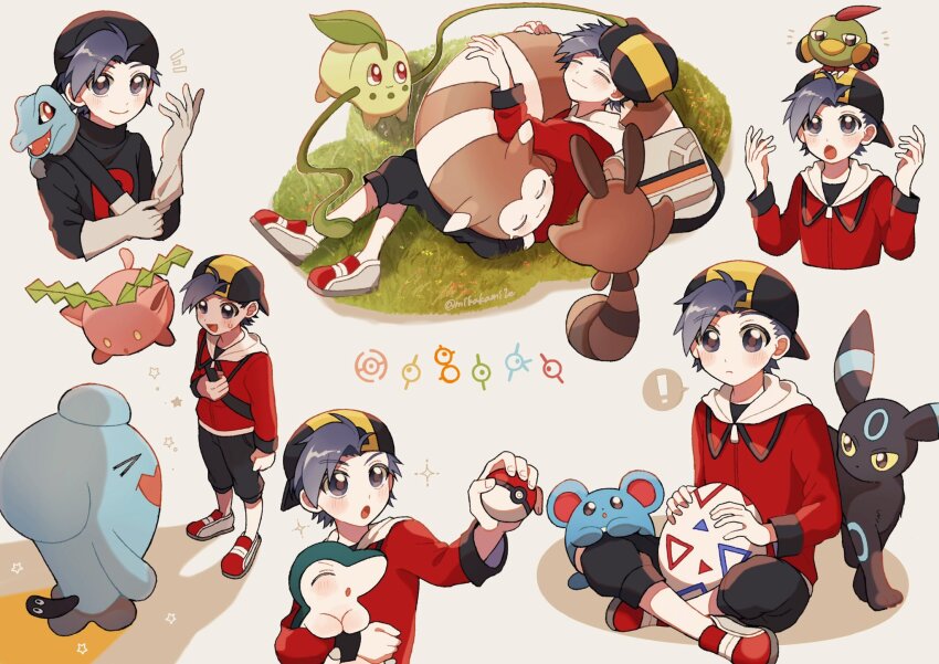 ! 1boy :o alternate_color backwards_hat baseball_cap black_hair black_hat black_shirt blush chikorita closed_mouth commentary_request cyndaquil egg ethan_(pokemon) furret gen_2_pokemon gloves grey_eyes hat highres holding holding_poke_ball holding_strap hoppip hug jacket long_sleeves lying male_focus marill mikakami1e natu nintendo on_grass on_head on_shoulder open_mouth poke_ball poke_ball_(basic) pokemon pokemon_(creature) pokemon_hgss pokemon_on_head pokemon_on_shoulder red_footwear red_jacket sentret shiny_pokemon shirt shoes short_hair smile spoken_exclamation_mark sweatdrop team_rocket team_rocket_uniform totodile umbreon unown unown_b unown_h unown_i unown_k white_gloves wobbuffet