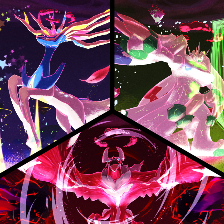 alternate_color antlers blue_eyes claws dynamax ewokakukaede gen_6_pokemon glowing glowing_eyes highres horns legendary_pokemon nintendo no_humans official_alternate_color open_mouth pokemon pokemon_(creature) pokemon_focus power_herb red_clouds scales shiny_pokemon substitute_(pokemon) talons wings xerneas yveltal zygarde zygarde_(complete)
