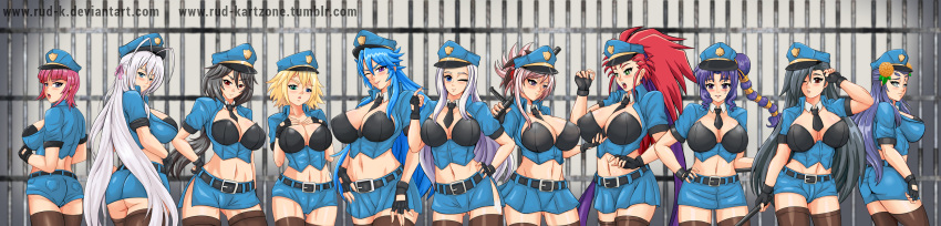 6+girls ange_vierge aqua_eyes ass banpresto black_hair blonde_hair blue_eyes blue_hair breasts cleavage code_omega_77_stella commission crossover cuffs facial_mark fairy_tail fate/grand_order fate_(series) female_service_cap forehead_mark freezing_(series) glasses green_eyes gun hair_ornament hair_pulled_back hair_ribbon hairband hakubi_washuu handcuffs handgun harem hat heterochromia high_school_dxd highres hitsugi_sayo hyakka_ryouran_samurai_girls inchen infinite_stratos large_breasts long_hair long_image mai_kobayashi medium_breasts mirajane_strauss miyamoto_musashi_(fate) multiple_crossover multiple_girls navel necktie open_mouth orimura_chifuyu pencil_skirt pink_hair police police_badge police_hat police_uniform policewoman ponytail purple_eyes rana_linchen red_eyes ribbon rossweisse rud-k sasaki_kojirou_(hyakka_ryouran) senran_kagura senran_kagura_new_wave short_hair skirt smile spiked_hair super_robot_wars super_robot_wars_original_generation tachibana_(senran_kagura) tenchi_muyou! thighhighs tonfa triage_x very_long_hair watermark weapon web_address white_hair wide_image