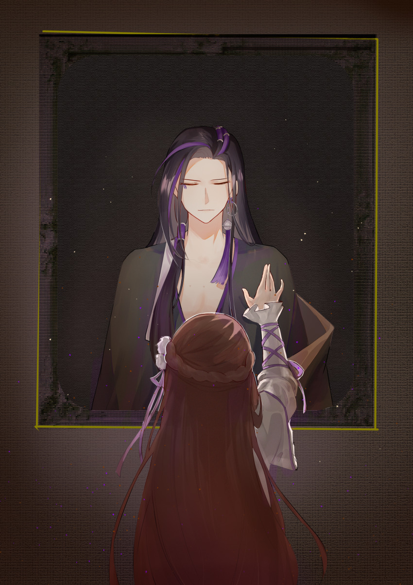 1boy 1girl absurdres baiguigelierwan black_hair black_robe braid brown_hair chinese_clothes closed_eyes closed_mouth curtained_hair dress earrings expressionless facial_mark facing_away facing_viewer flower frilled_sleeves frills from_behind hair_flower hair_ornament hair_over_shoulder hair_tubes half_up_braid hand_up hanfu highres hua_ling jewelry long_hair long_sleeves male_focus multicolored_hair object_focus open_clothes open_robe parted_bangs portrait portrait_(object) purple_hair purple_ribbon ribbon robe single_earring sleeve_ribbon straight-on streaked_hair tassel tassel_earrings upper_body white_dress zhangmen_tai_mang