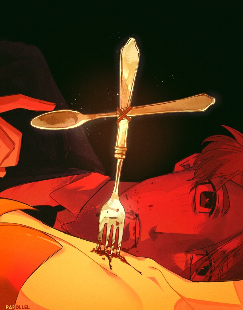 1boy black_background blood blood_on_mouth bloody_weapon cutlery highres impaled implied_cannibalism index_finger_raised light_particles lying on_side original out_of_frame par0llel stab weapon wide-eyed