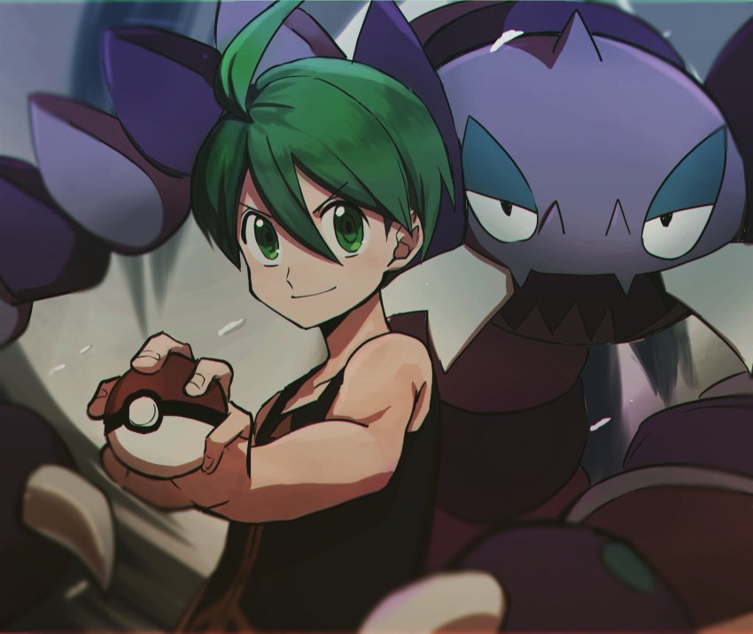 1boy aaron_(pokemon) ahoge black_shirt blurry closed_mouth commentary_request drapion elite_four gen_4_pokemon green_eyes green_hair hair_between_eyes highres holding holding_poke_ball male_focus nintendo one-hour_drawing_challenge poke_ball poke_ball_(basic) pokemon pokemon_(creature) pokemon_dppt shirt sleeveless sleeveless_shirt smile watta02614129