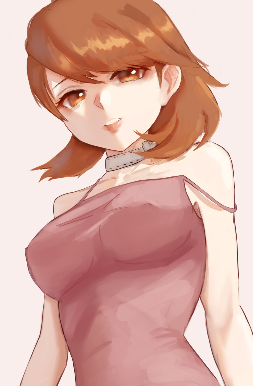 1girl absurdres breasts choker collarbone commentary covered_erect_nipples eyelashes grey_choker highres impossible_clothes looking_at_viewer medium_breasts medium_hair n7grey orange_eyes orange_hair parted_bangs parted_lips persona persona_3 pink_tank_top romaji_commentary sidelocks solo strap_slip swept_bangs takeba_yukari tan_background tank_top upper_body