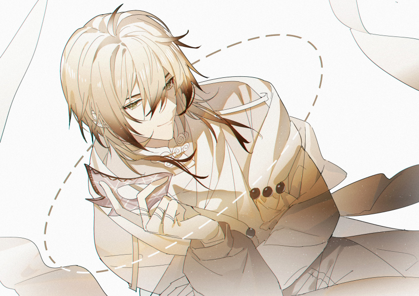 1boy absurdres alkaid_mcgrath blonde_hair brown_hair closed_mouth colored_tips cowboy_shot dotted_line gloves green_eyes hair_between_eyes half_mask hand_on_own_arm highres holding holding_mask jacket kazenemuri long_sleeves looking_at_viewer lovebrush_chronicles male_focus mandarin_collar mask medium_hair multicolored_hair pants see-through_clothes see-through_shawl shawl shirt simple_background sitting smile solo unworn_mask white_background white_gloves white_jacket white_pants white_shirt yellow_shawl