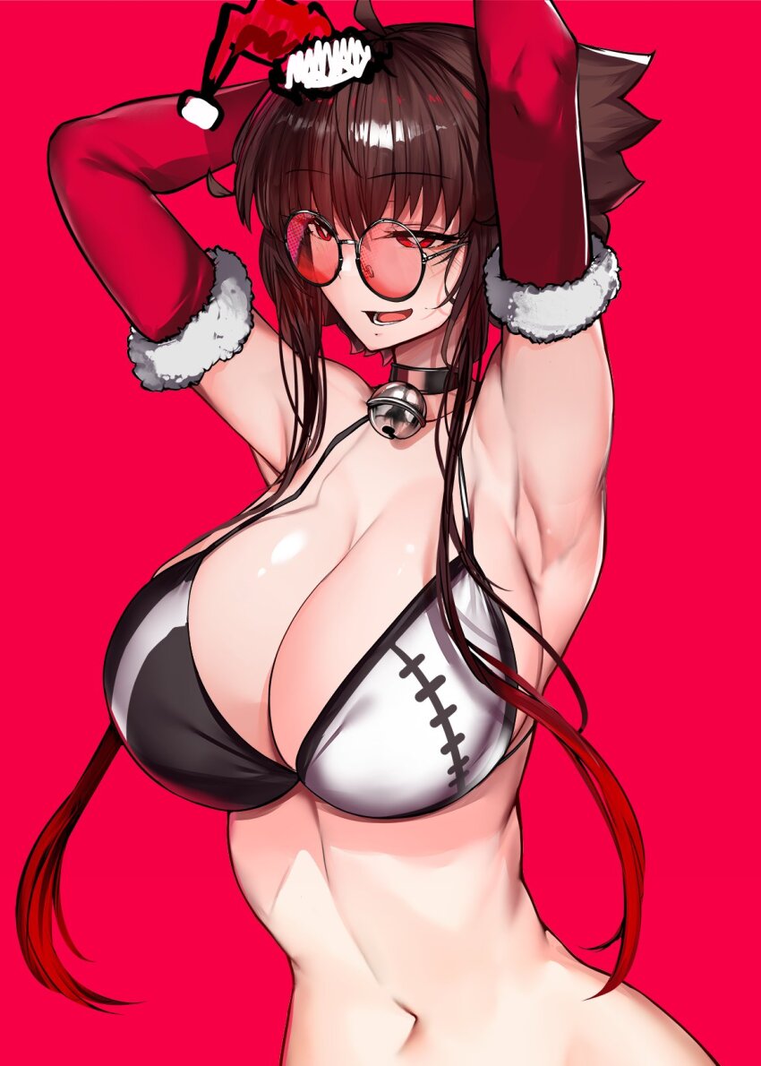 1girl armpits arms_behind_head arms_up bell bikini bikini_top_only breasts brown_hair choker christmas cleavage elbow_gloves fur-trimmed_gloves fur_trim glasses gloves hat highres huge_breasts large_breasts liz_(nin_fake) long_hair looking_ahead navel neck_bell nin_fake open_mouth original red-tinted_eyewear red_background red_eyes red_gloves santa_hat short_hair_with_long_locks sidelocks simple_background smile solo sunglasses swimsuit tinted_eyewear upper_body
