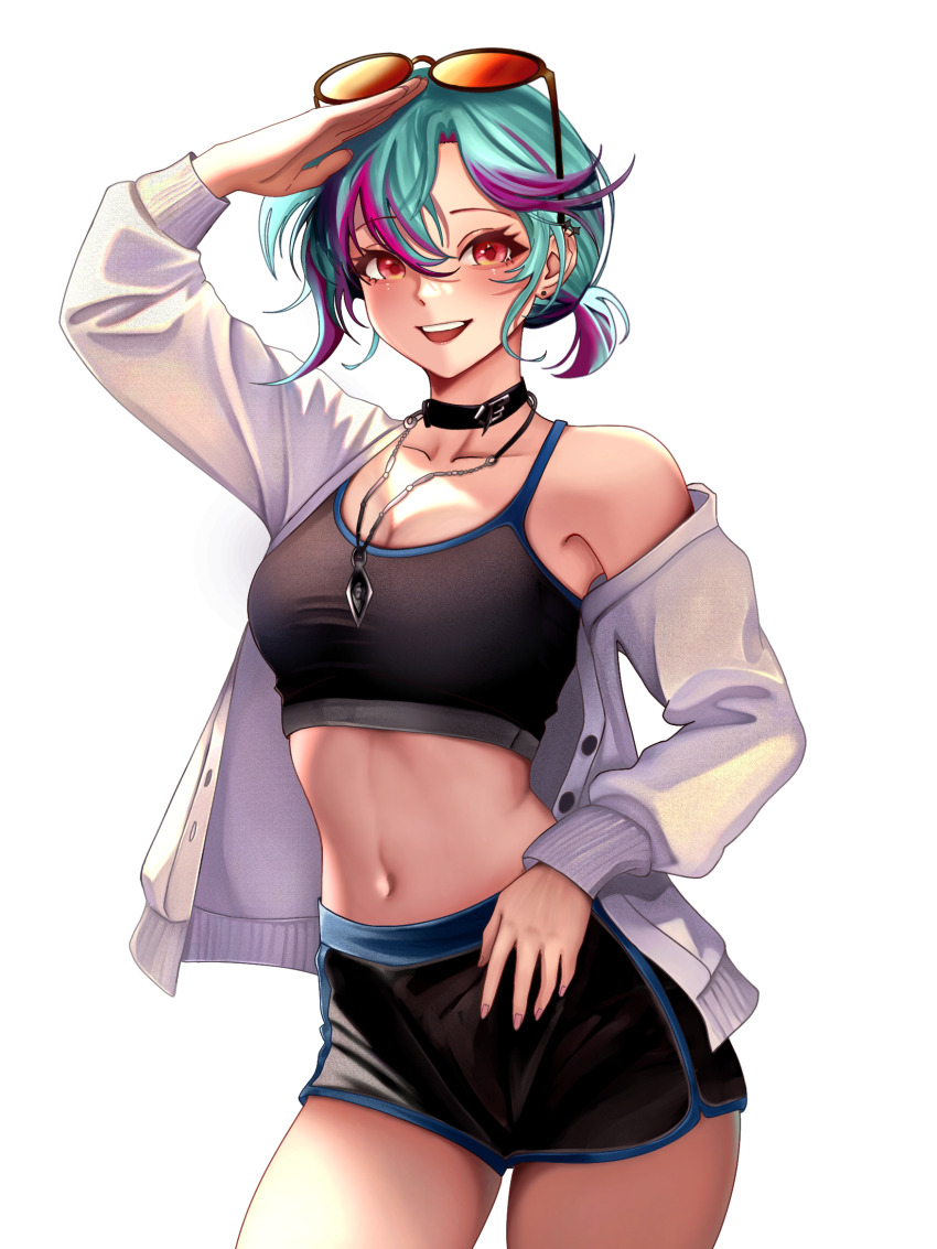 1girl aqua_hair archer_(dungeon_and_fighter) bare_shoulders black_choker black_shirt black_shorts breasts choker cleavage commission cowboy_shot crop_top dolphin_shorts dungeon_and_fighter eyewear_on_head highres hunter_(dungeon_and_fighter) jacket jewelry long_sleeves looking_at_viewer matchacha medium_breasts midriff multicolored_hair navel necklace off_shoulder open_clothes open_jacket open_mouth ponytail red_eyes salute shirt short_hair short_ponytail shorts sleeveless sleeveless_shirt smile solo stomach streaked_hair sunglasses transparent_background two-tone_hair white_jacket
