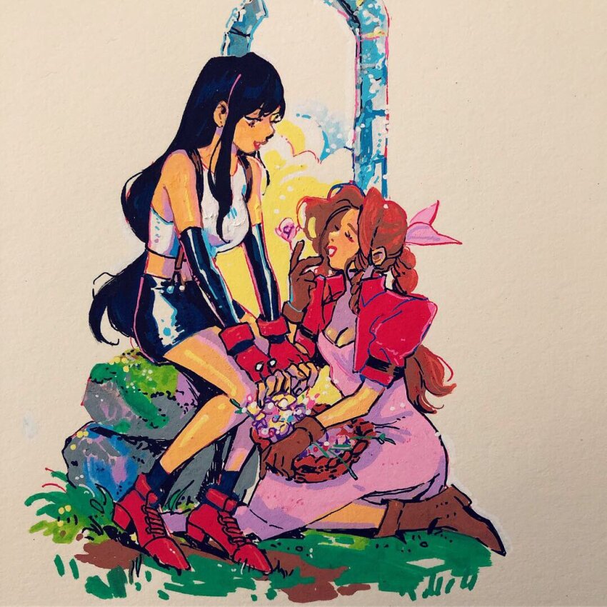 2girls aerith_gainsborough bare_shoulders basket black_gloves black_hair black_skirt boots braid braided_ponytail breasts brown_boots brown_eyes brown_gloves brown_hair cleavage closed_eyes crop_top cropped_jacket dress elbow_gloves final_fantasy final_fantasy_vii fingerless_gloves flower flower_basket gloves hair_ribbon holding holding_basket holding_flower jacket kneeling leslie_hung long_dress long_hair looking_at_another low-tied_long_hair medium_breasts midriff miniskirt multiple_girls parted_bangs parted_lips pink_dress pink_ribbon puffy_short_sleeves puffy_sleeves red_boots red_gloves red_jacket ribbon shirt short_sleeves sidelocks single_braid sitting skirt sleeveless sleeveless_shirt smile suspenders tifa_lockhart traditional_media white_shirt yuri