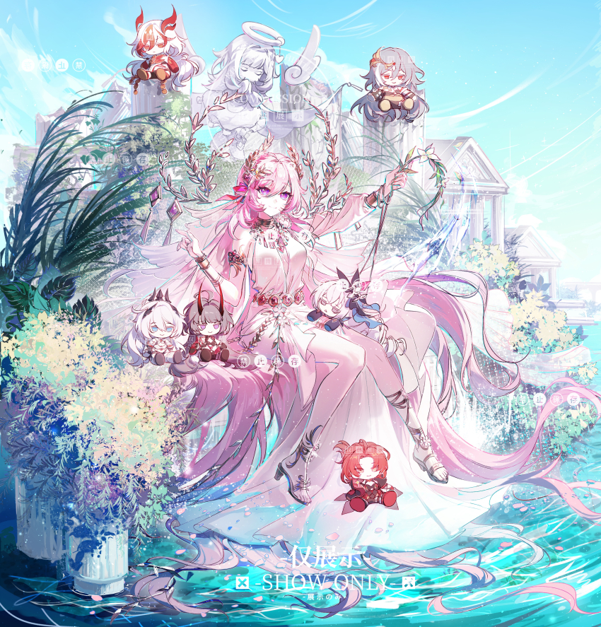 6+girls absurdly_long_hair absurdres alternate_costume breasts bronya_zaychik bronya_zaychik_(herrscher_of_reason) chibi chinese_commentary commentary_request commission diamond-shaped_pupils diamond_(shape) dress elf_elysia elysia_(herrscher_of_human:_ego)_(honkai_impact) elysia_(honkai_impact) floating_hair fu_hua fu_hua_(garuda) gold_armlet hair_flowing_over hair_spread_out herrscher_of_sentience high_heel_sandals highres honkai_(series) honkai_impact_3rd kiana_kaslana kiana_kaslana_(herrscher_of_flamescion) laurel_crown long_hair medium_breasts multiple_girls murata_himeko murata_himeko_(vermillion_knight) pink_hair purple_hair raiden_mei raiden_mei_(herrscher_of_thunder) sandals seven60755660 sitting statue stone_pillar symbol-shaped_pupils temple toes very_long_hair water watermark white_dress