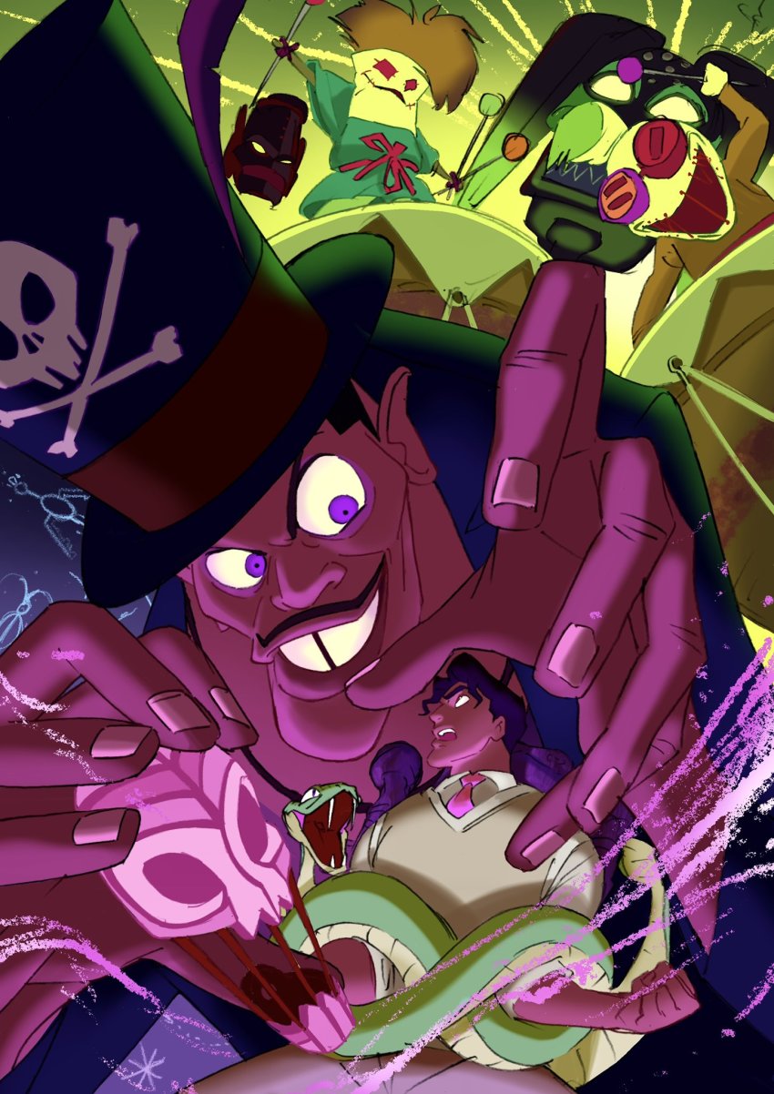2boys arai_hiroki black_hair dark-skinned_male dark_skin dr_facilier drum evil_smile facial_hair formal_clothes hat highres instrument looking_at_another male_focus mask multicolored_background multiple_boys mustache naveen needle open_mouth outstretched_arm purple_eyes restrained smile snake suit the_princess_and_the_frog top_hat voodoo_doll wavy_hair
