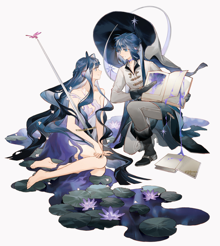 2girls alternate_costume ankle_boots arknights artist_name astesia_(arknights) astgenne_(arknights) bare_legs barefoot black_footwear blue_eyes blue_hair book boots bright_pupils bug chinese_commentary commentary_request dragonfly dress feather_hair flower grey_hair grey_pants grey_shirt highres holding holding_book holding_sword holding_weapon insect kneeling light_smile lily_pad long_hair looking_at_another lotus multiple_girls open_book oversized_hat pants puddle purple_dress purple_flower reading shirt siblings simple_background sisters sitting sleeveless sleeveless_dress smile sword wariza weapon white_background white_pupils yuji_(fantasia)