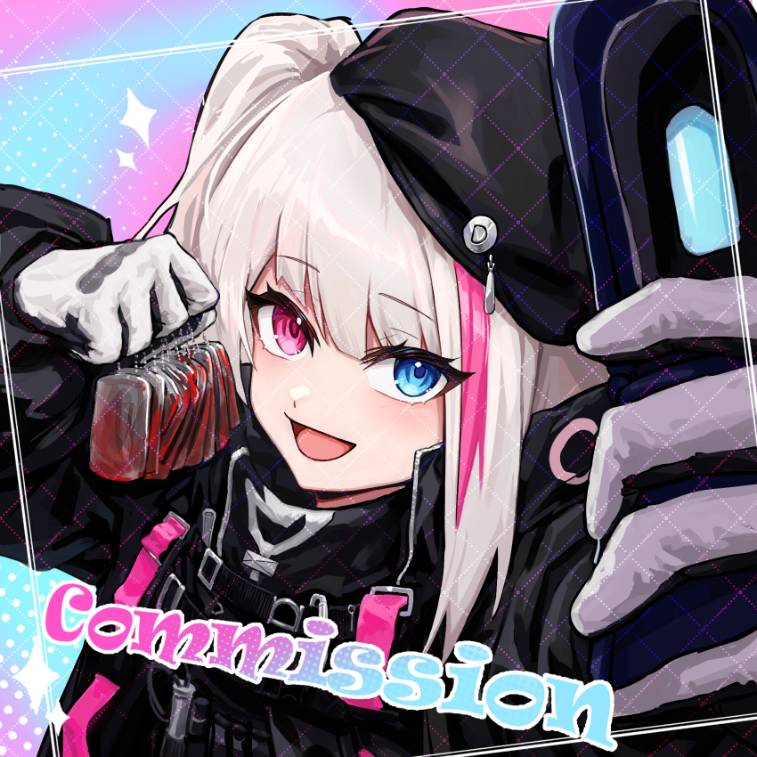 1girl beret black_gloves black_jacket blood blue_eyes cellphone commentary commission dog_tags english_commentary flip_phone girls&#039;_frontline gloves hat heterochromia highres holding holding_dog_tags holding_phone jacket looking_at_viewer mdr_(girls&#039;_frontline) mranz4869 multicolored_hair one_side_up open_mouth phone pink_eyes pink_hair smile solo streaked_hair two-tone_gloves upper_body watermark watermark_grid white_gloves white_hair