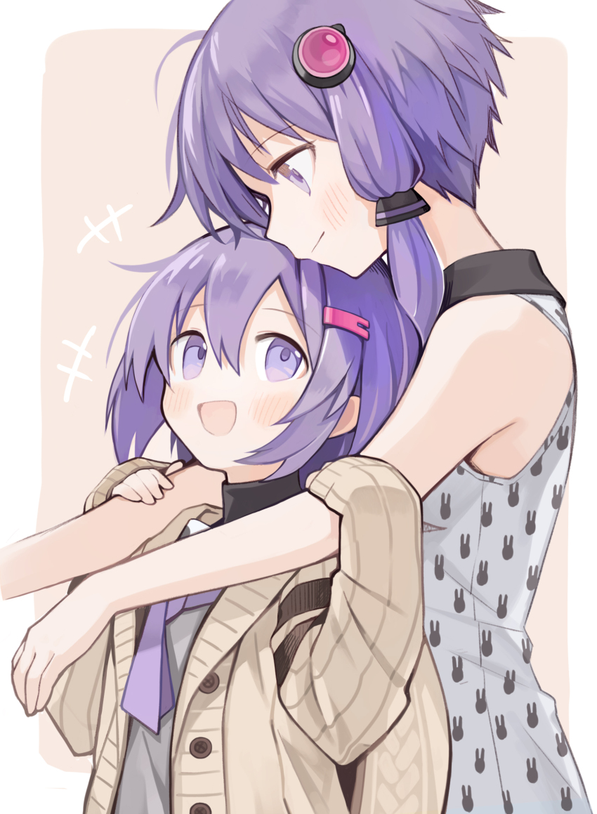 +++ 2girls a.i._voice animal_print black_undershirt blush brown_background brown_cardigan cardigan closed_mouth collared_shirt commentary_request dual_persona eye_contact grey_shirt hair_ornament hands_up highres holding_another&#039;s_arm hug hug_from_behind kari_kenji long_sleeves looking_at_another looking_back looking_down looking_up multiple_girls open_cardigan open_clothes outstretched_arms print_shirt rabbit_print ribbed_cardigan shirt short_hair short_hair_with_long_locks simple_background sleeveless sleeveless_shirt sleeves_past_wrists smile turtleneck undershirt upper_body white_shirt yuzuki_yukari yuzuki_yukari_(a.i._voice) yuzuki_yukari_(shizuku)