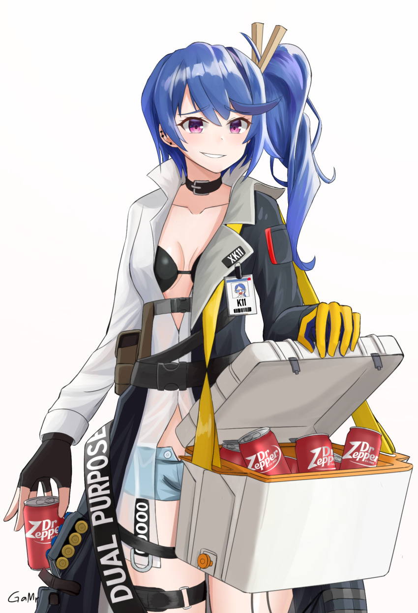 1girl 20x30mm_lv 20x30mm_lv_p_k168 ammunition artist_name black_choker black_gloves black_jacket blue_hair blush brand_name_imitation breasts can cannon_cartridge character_name choker collar collarbone commentary cooler denim denim_shorts dr_pepper drink_can english_commentary explosive eye_piercing feet_out_of_frame fingerless_gloves gamryous girls&#039;_frontline gloves grenade grenade_cartridge hair_ornament highres holding holding_jar id_card jacket jacket_on_shoulders jar k11_(girls&#039;_frontline) long_hair looking_at_viewer mouth_hold open_clothes open_jacket open_mouth open_shirt practice_round purple_eyes shirt shorts side_ponytail small_breasts smile soda soda_can solo standing subsonic_ammunition teeth_hold white_background white_shirt