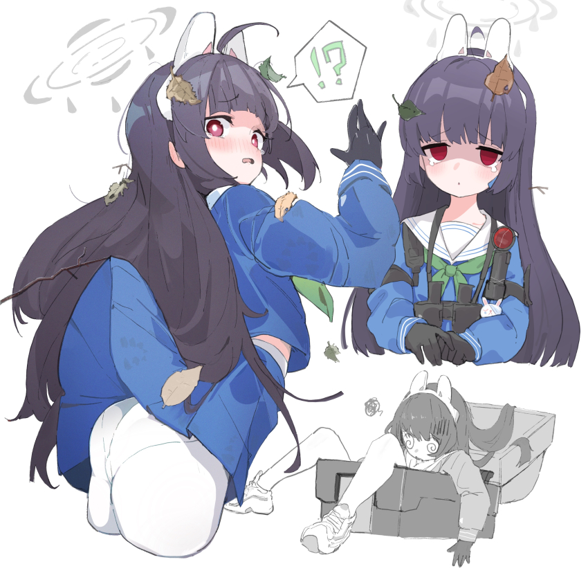 !? 1girl absurdres accidental_exposure ahoge animal_ears arm_up ass binoculars black_gloves blouse blue_archive blue_shirt blue_skirt blush clothes_lift embarrassed empty_eyes fake_animal_ears flashlight gloves highres leaf leaf_on_head long_hair looking_back miyu_(blue_archive) ocha_(popopogg) open_mouth panties panties_under_pantyhose pantyhose rabbit_ears red_eyes school_uniform serafuku shirt skirt skirt_lift spoken_interrobang tears thighs trash_can twig underwear white_panties white_pantyhose