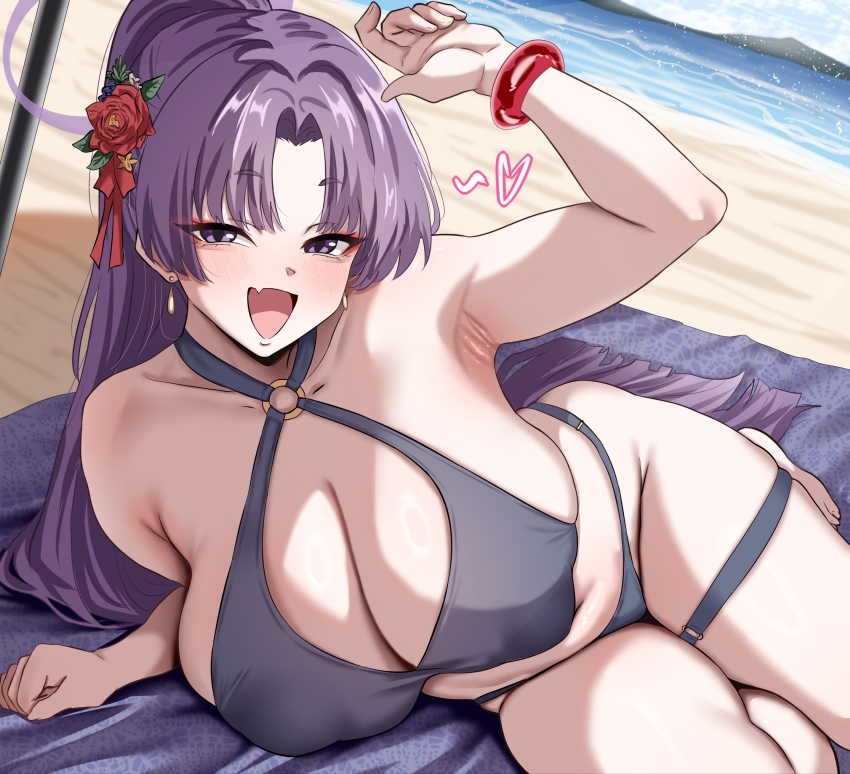 1girl absurdres armpits bare_arms bare_shoulders bikini black_bikini blue_archive blush breasts cleavage covered_erect_nipples fang flower hair_flower hair_ornament highres huge_breasts long_hair looking_at_viewer navel official_alternate_costume official_alternate_hairstyle open_mouth parted_bangs ponytail purple_eyes purple_hair red_flower skin_fang solo swimsuit thigh_strap woo_(woosan) yukari_(blue_archive) yukari_(swimsuit)_(blue_archive)