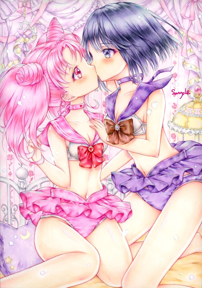 2girls absurdres besanten bishoujo_senshi_sailor_moon black_eyes black_hair blush bow bowtie bra brown_bow brown_bowtie chibi_usa collar collarbone commentary_request cone_hair_bun double_bun hair_bun hand_on_another&#039;s_chest highres indoors kiss kneeling marker_(medium) microskirt multiple_girls navel no_shirt on_bed panties pink_collar pink_eyes pink_hair pink_panties pink_sailor_collar pink_skirt pleated_skirt purple_collar purple_panties purple_sailor_collar purple_skirt red_bow red_bowtie revealing_clothes sailor_collar sailor_saturn short_hair skirt stomach traditional_media twintails underwear white_bra yuri