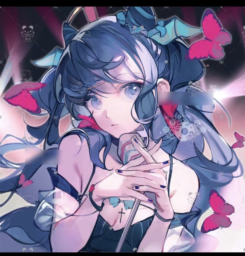 1girl aqua_bow aqua_bowtie baibaibaizai bare_shoulders black_choker black_nails black_tank_top blue_eyes blue_hair blue_ribbon blue_wings bow bow_earrings bowtie breasts bug butterfly choker cleavage collarbone commission cone_hair_bun cross demon_wings detached_sleeves double_bun earrings expressionless hair_bun hair_ornament hair_ribbon hairclip head_wings heart_bracelet holding holding_microphone insect interlocked_fingers jewelry letterboxed long_hair looking_at_viewer loose_hair_strand making-of_available microphone microphone_stand nail_polish original outline own_hands_together parted_lips pink_bow pink_butterfly puffy_short_sleeves puffy_sleeves ribbon sample_watermark second-party_source see-through_clothes see-through_sleeves short_sleeves single_sidelock solo spaghetti_strap stage stage_lights swept_bangs tank_top two_side_up upper_body vertical-striped_tank_top very_long_hair watermark watermark_grid wavy_hair white_outline white_sleeves wings