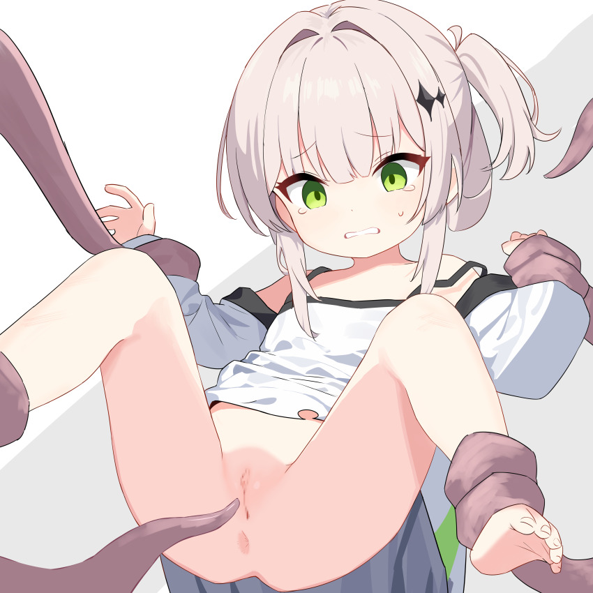 1girl absurdres anus barefoot censored coeiroink commentary_request commission croix-chan flat_chest green_eyes highres loli pawrorikon pixiv_commission pussy solo tentacles variant_set