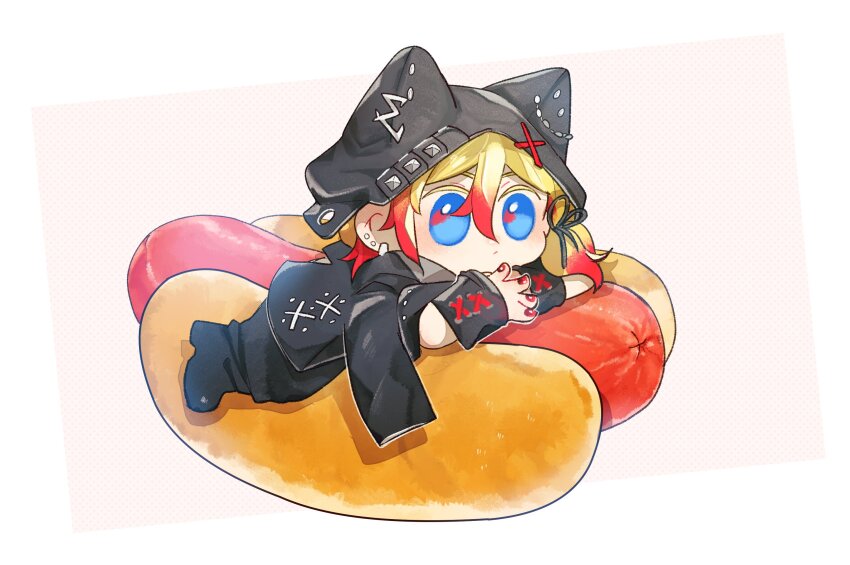 1boy axel_syrios axel_syrios_(2nd_costume) blonde_hair blue_eyes braid chibi chibi_only commentary food full_body hair_between_eyes highres holostars holostars_english hot_dog jacket licwiz_1103 long_hair male_focus mini_person multicolored_hair red_hair red_nails side_braid simple_background solo streaked_hair two-tone_hair virtual_youtuber white_background