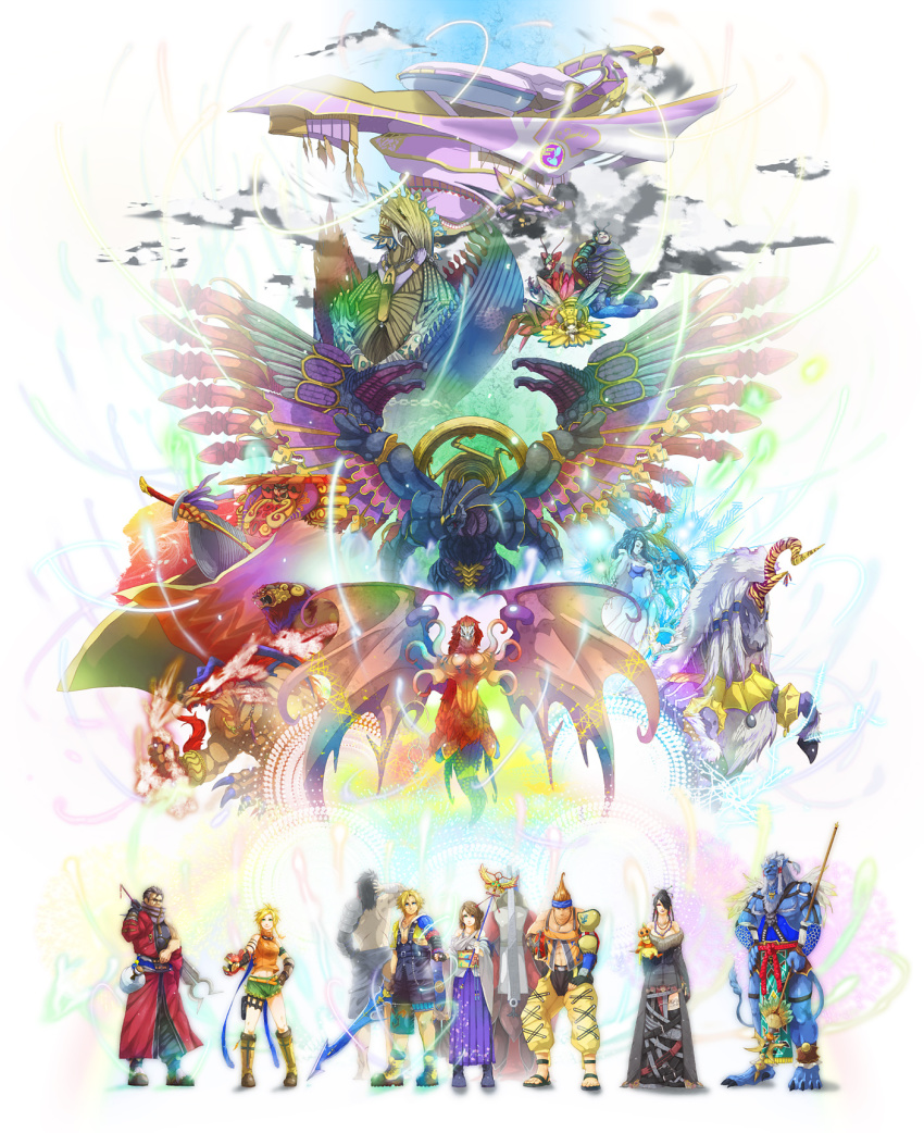 00s 3girls 6+boys aircraft airship alternate_weapon anima_(final_fantasy) animification auron bahamut_(final_fantasy) ball bandages bare_shoulders barefoot beard belt belt_skirt black_hair blitzball blonde_hair blue_eyes blue_skin boots braid braska breasts brown_hair cindy cleavage cloud colored_skin daigoro detached_sleeves doll earrings elbow_gloves everyone facial_hair feet final_fantasy final_fantasy_x fingerless_gloves glasses gloves goggles green_eyes grey_hair hair_ornament hair_over_one_eye hair_stick headband heterochromia highres holding hood hoodie horns ifrit_(final_fantasy) ixion japanese_clothes jecht jewelry jug_(bottle) kimahri_ronso long_hair lulu_(ff10) magus_sisters mindy multicolored_hair multiple_boys multiple_braids multiple_girls necklace orange_hair pants polearm red_eyes rikku_(ff10) robe sandals sandy shiva_(final_fantasy) short_hair shorts single_horn sky spear square_enix staff standing sunglasses sword thigh_strap tidus twin_braids two-tone_hair valefor wakka weapon yojimbo_(final_fantasy) yomugi yuna yuna_(ff10)