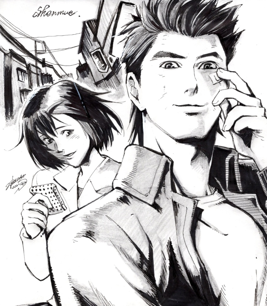 1boy 1girl bandaid bandaid_on_face black_hair collared_jacket greyscale handkerchief harasaki_nozomi hazuki_ryou highres jacket junejamesjun leather leather_jacket logo looking_at_viewer medium_hair monochrome parted_hair parted_lips power_lines shenmue shenmue_the_animation shirt signature sketch smile spiked_hair town white_shirt