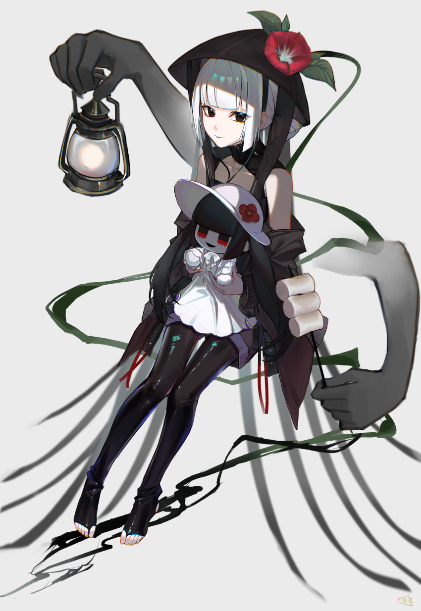 1girl absurdres bare_shoulders black_dress black_eyes breasts character_doll dress fate/grand_order fate_(series) flower ghost_hands grey_hair hat highres jiajiayu jingasa komahime_(fate) lamp lantern lappet long_sleeves looking_at_viewer sen_no_rikyu_(fate) short_hair small_breasts smile solo toeless_legwear white_hair wide_sleeves