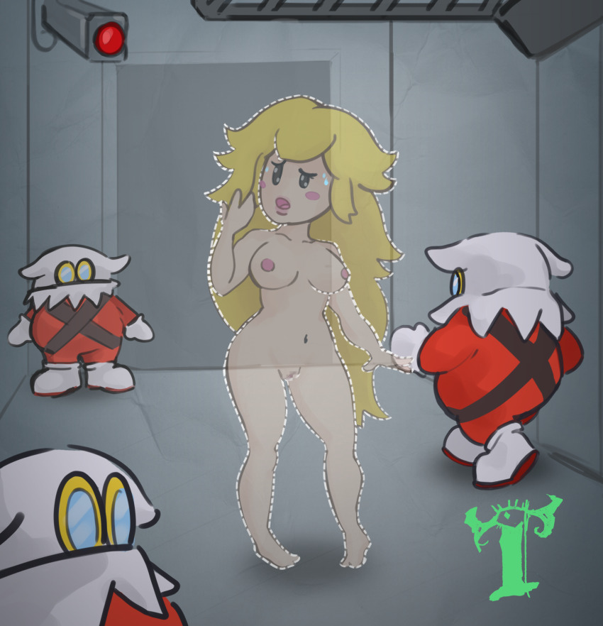 1girl ahoge arm_at_side armpits artist_logo artist_request bare_arms barefoot blonde_hair blue_eyes blush_stickers breasts collarbone completely_nude embarrassed exhibitionism eyelashes feet female_focus full_body groin hand_up heel_up height_difference highres invisible legs lips logo long_hair looking_up mario_(series) medium_breasts navel neck nervous_sweating nintendo nipples nude open_mouth paper_mario paper_mario:_the_thousand_year_door parted_bangs pigeon-toed princess_peach public_indecency public_nudity pussy security_camera standing sweat thighs toes walking x-naut