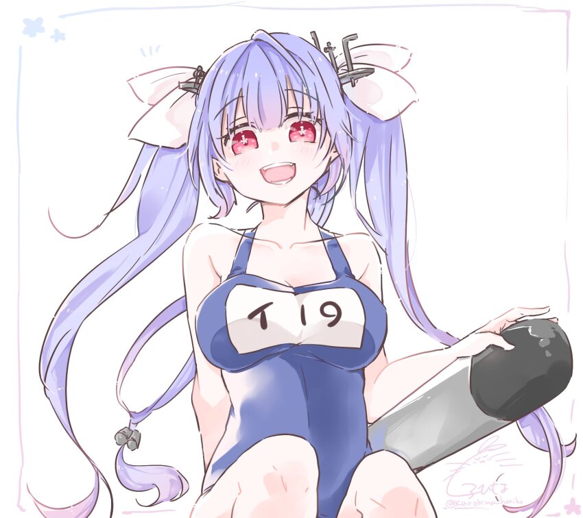1girl blue_hair blush breasts flower-shaped_pupils hair_ribbon highres i-19_(kancolle) kantai_collection kurohina_(kurohina_66_s) large_breasts long_hair looking_at_viewer name_tag one-piece_swimsuit open_mouth red_eyes ribbon school_swimsuit sitting smile solo swimsuit symbol-shaped_pupils tri_tails twintails