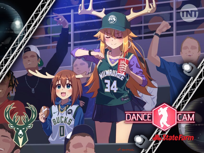 antlers brown_hair dancing deer deer_antlers deer_cracker deer_girl highres horns koshi_torako long_hair long_sleeves meme multiple_girls open_mouth shikairo_days_dance_(meme) shikanoko_noko shikanoko_nokonoko_koshitantan shirt short_hair skirt smile white_shirt yazawa_happyaro