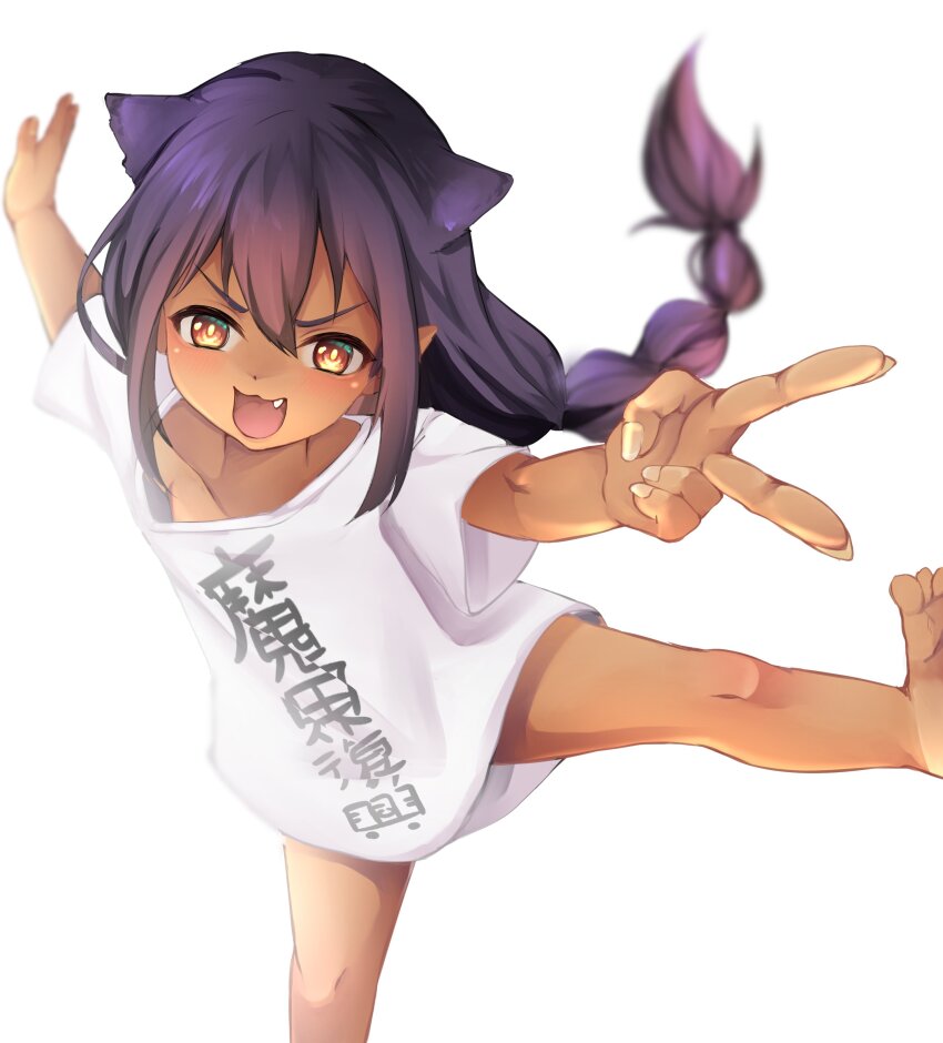 1girl collarbone dark-skinned_female dark_skin demon_girl dot_nose fang female_focus fingernails flat_chest hair_horns jahy jahy-sama_wa_kujikenai! loli long_hair looking_at_viewer low-braided_long_hair low-tied_long_hair meemz_a open_mouth orange_eyes outstretched_arms outstretched_leg pointy_ears purple_hair shirt simple_background smile smug solo standing standing_on_one_leg t-shirt v white_background