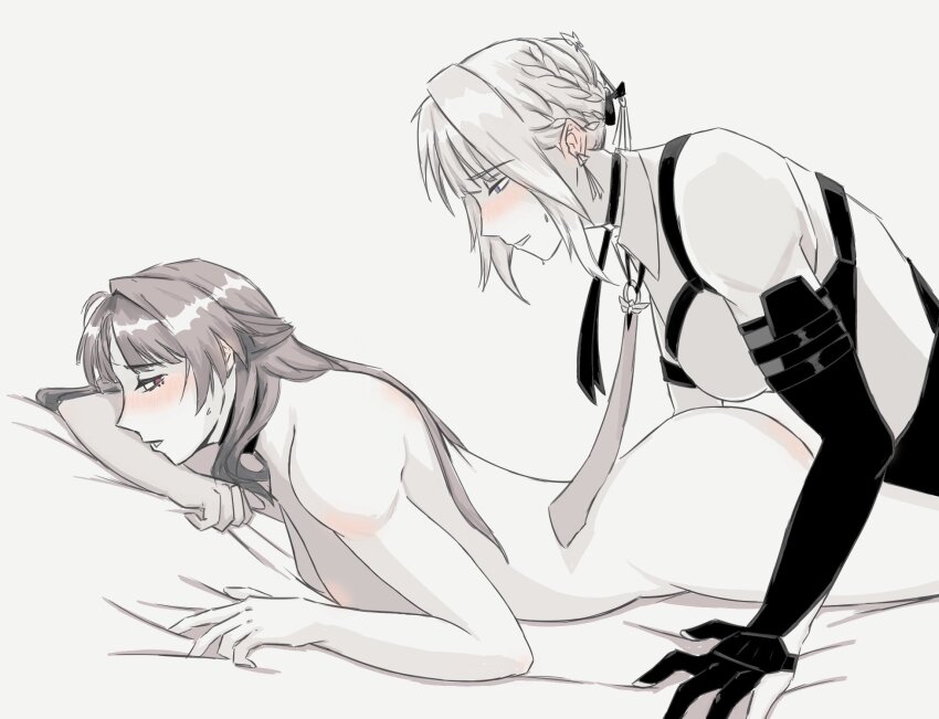 2girls animal_ears astra_yao blush braid braided_bun clothed_female_nude_female collared_shirt commentary completely_nude elbow_gloves english_commentary evelyn_chevalier gloves greyscale hair_bun half_updo highres long_hair lying monochrome multiple_girls necktie nude on_stomach parted_lips red_eyes shirt sols4rts sweat yuri zenless_zone_zero