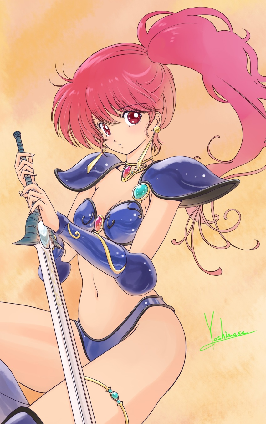 1girl armor asagiri_youko bikini bikini_armor blue_bikini breasts earrings genmu_senki_leda highres holding holding_sword holding_weapon jewelry long_hair looking_at_viewer pauldrons red_eyes red_hair shoulder_armor side_ponytail small_breasts solo swimsuit sword vambraces weapon yoshinaga_masahiro