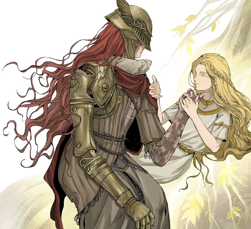 1boy 1girl androgynous blonde_hair brother_and_sister brown_robe cape covered_eyes elden_ring fur-trimmed_cape fur_trim helmet highres invisible_chair long_hair malenia_blade_of_miquella mechanical_arms miquella_(elden_ring) prosthesis prosthetic_arm red_cape red_hair robe scar scar_on_arm scar_on_face siblings single_mechanical_arm sitting smile sqqccca wavy_hair winged_helmet yellow_eyes