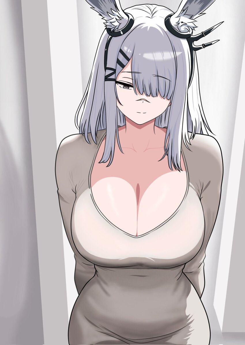 1girl alternate_breast_size alternate_costume animal_ears arknights arms_behind_back breasts cleavage closed_mouth commentary cowboy_shot dress english_commentary frostnova_(arknights) grey_dress grey_eyes hair_ornament hair_over_one_eye hairclip highres large_breasts light_smile long_sleeves looking_down medium_hair one_eye_covered scar scar_on_face scar_on_nose scoop_neck solo split_mouth standing white_hair witchrosemary